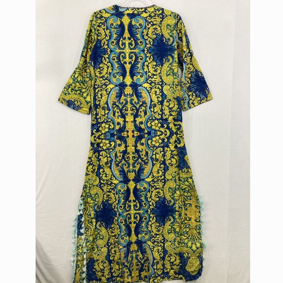 Antica Sartoria Medium Blue Yellow Boho Side Slit Kaftan Dress Vacation Resort - Picture 11 of 12